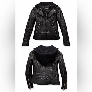 Guess Faux Leather Moto Jacket XS Black Layered Removable Hoodie Sweater Silver